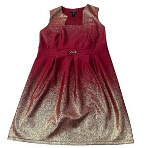 En Focus Women Fit And Flare Cocktail Dress 18W Red Gold Scuba Knit Pleated